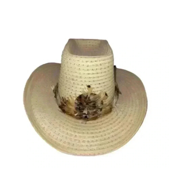The Round Up Curl Brim Cowboy Rodeo Western Hat Feathers Size 6 3/4 - Picture 2 of 11
